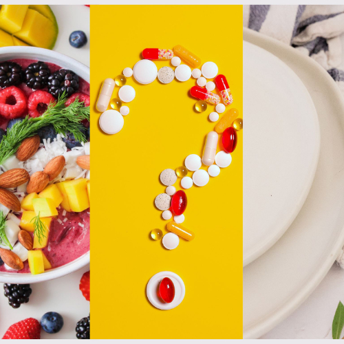 Picture split into three, left hand column shows bowl of fruit, middle column is a yellow background with a question mark made of tablets and the third column is an empty plate Picture split into three, left hand column shows bowl of fruit, middle column is a yellow background with a question mark made of tablets and the third column is an empty plate
