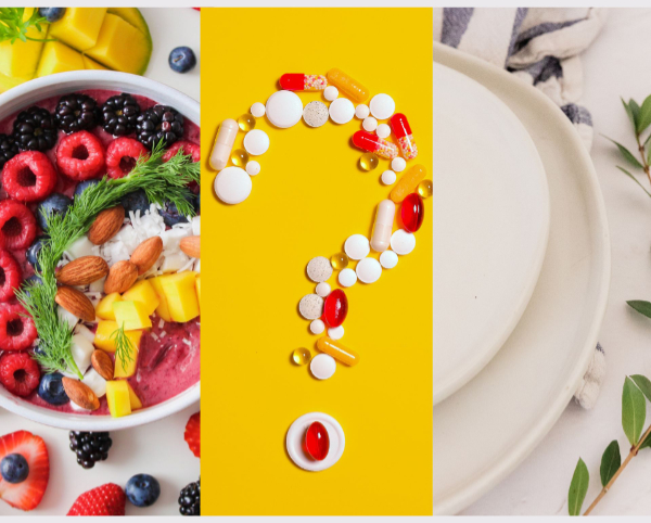 Picture split into three, left hand column shows bowl of fruit, middle column is a yellow background with a question mark made of tablets and the third column is an empty plate