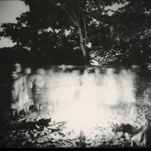 Black and white tree with ghostly white blurred figures Black and white tree with ghostly white blurred figures