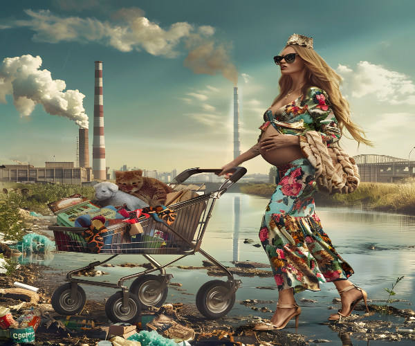 AI generated image of pregnant woman pushing shopping trolley with factory in background