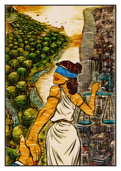 Hand drawn image of women wearing blindfold leading someone through a forest and city