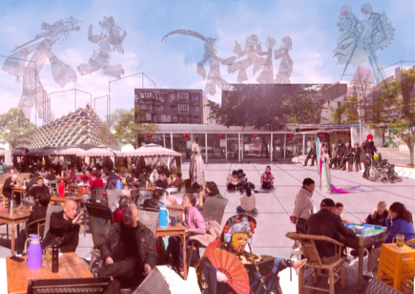 Scene of a town square with people sitting talking, playing games with Chinese symbols in sky