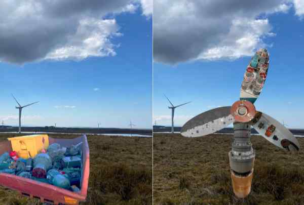 Materials from a skip on the left and a wind turbine made of scrap materials on the right Materials from a skip on the left and a wind turbine made of scrap materials on the right
