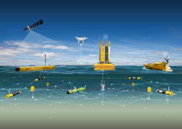 This image shows one of the data buoys and the fleet of ocean robots that support them This image shows one of the data buoys and the fleet of ocean robots that support them