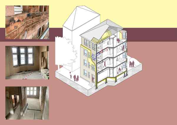 Three photographs on the right of a tenement building in a state of disrepair and a diagram on the left of a tenement building being infiltrated by cold air Three photographs on the right of a tenement building in a state of disrepair and a diagram on the left of a tenement building being infiltrated by cold air