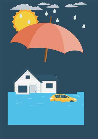 An illustration of a flooded house and car with an umbrella over them An illustration of a flooded house and car with an umbrella over them