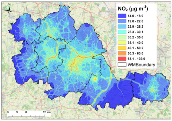 A diagram of the West Midlands showing pollution levels A diagram of the West Midlands showing pollution levels