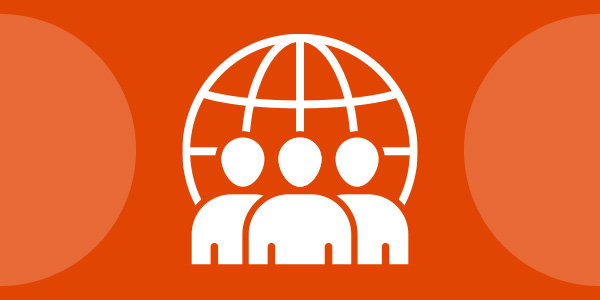 Icon of three people in front of a globe Icon of three people in front of a globe