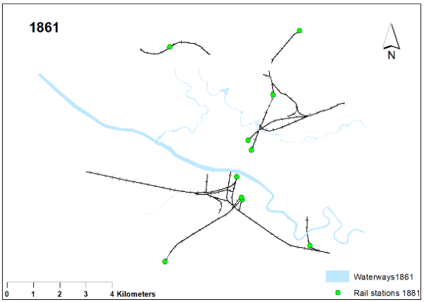 Glasgow’s rail network, tramways and waterways 1861 