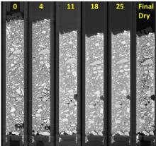 XCT image of 6mm diameter limestone dust column after exposure to pH 3  groundwater for 25 days,  then dried
